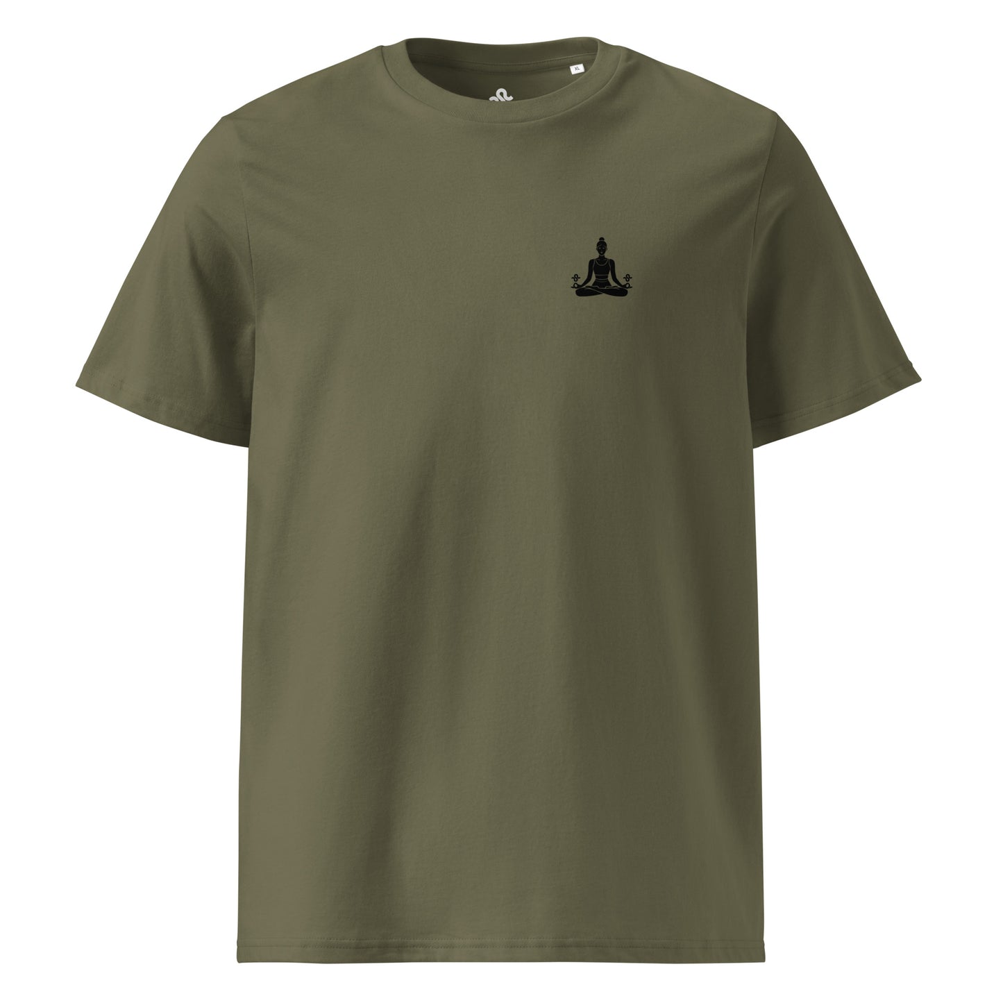 Yoga theme T-shirt with meditation figure in the front chest and back print with meditation figure and empowerment message saying Body and mind balance and be tru to yourself on the back